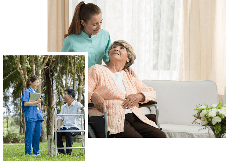 A young female caregiver in a teal uniform gently supports an elderly woman seated in a wheelchair, both smiling indoors near a window with light curtains. An inset photo shows a young woman in blue medical scrubs holding a clipboard, standing outdoors and talking to an elderly man using a walker in a park with trees.